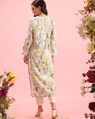 hand embroidered printed pista green chanderi lucknowi chikankari straight kurta 2