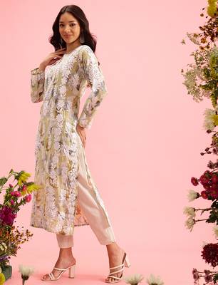 hand embroidered printed pista green chanderi lucknowi chikankari straight kurta 3
