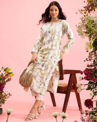 hand embroidered printed pista green chanderi lucknowi chikankari straight kurta 4