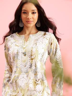 hand embroidered printed pista green chanderi lucknowi chikankari straight kurta 5