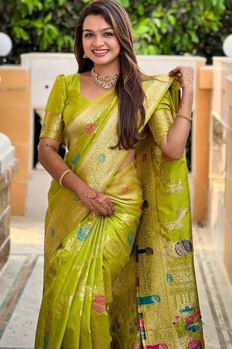 Parrot Green Banarasi Floral silk blend Saree