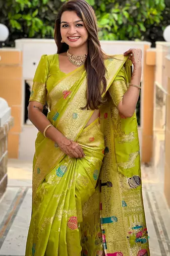 Parrot Green Banarasi Floral silk blend Saree