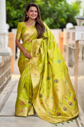Parrot Green Banarasi Floral silk blend Saree