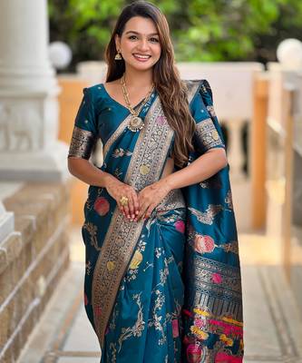 Teal Banarasi Floral silk blend Saree 1