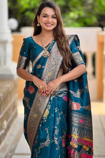 Teal Banarasi Floral silk blend Saree