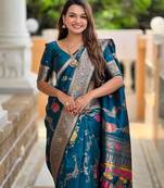 Teal Banarasi Floral silk blend Saree