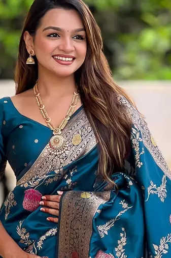 Teal Banarasi Floral silk blend Saree