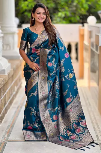 Teal Banarasi Floral silk blend Saree
