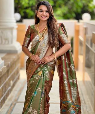 Olive Green Banarasi Floral silk blend Saree 1