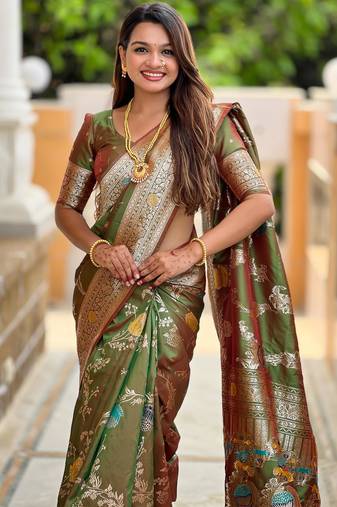 Olive Green Banarasi Floral silk blend Saree