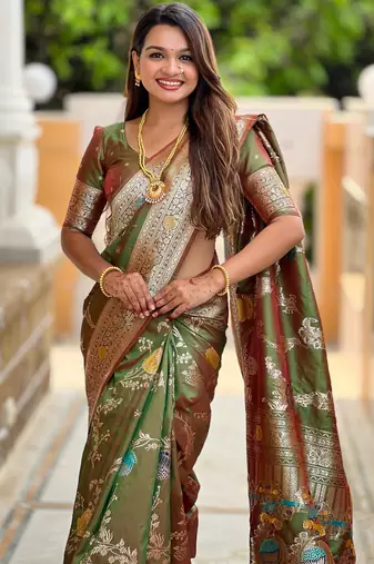 Olive Green Banarasi Floral silk blend Saree