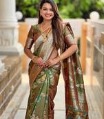 Olive Green Banarasi Floral silk blend Saree