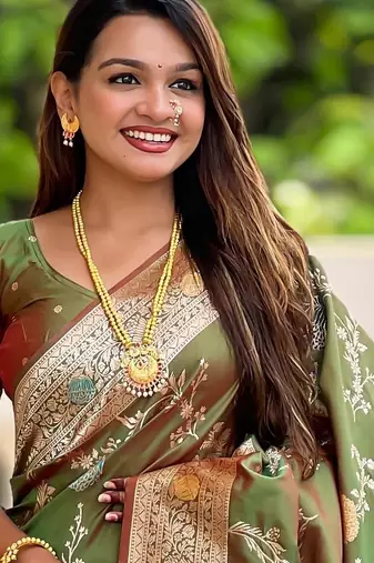 Olive Green Banarasi Floral silk blend Saree