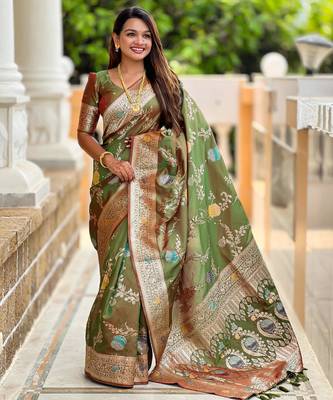Olive Green Banarasi Floral silk blend Saree 3