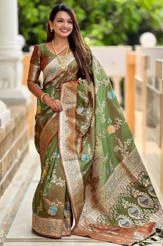 Olive Green Banarasi Floral silk blend Saree