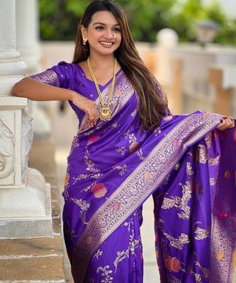 Purple Banarasi Floral silk blend Saree 1