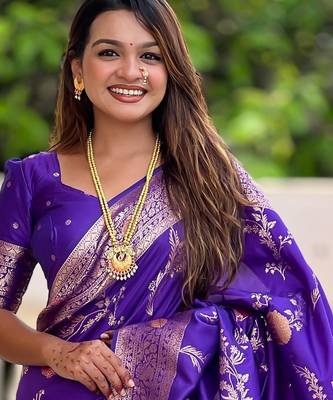 Purple Banarasi Floral silk blend Saree 2
