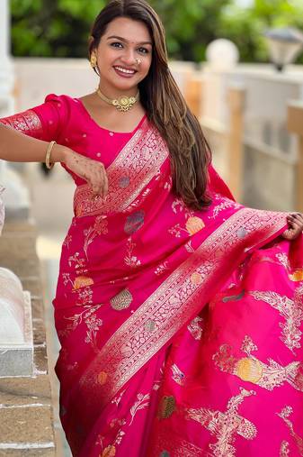 Rani Pink Banarasi Floral silk blend Saree