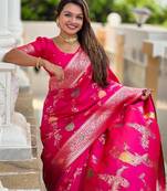Rani Pink Banarasi Floral silk blend Saree