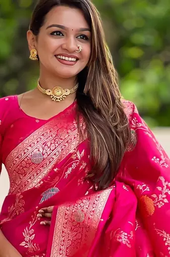 Rani Pink Banarasi Floral silk blend Saree