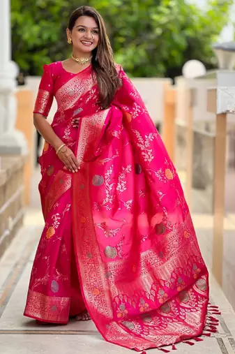 Rani Pink Banarasi Floral silk blend Saree