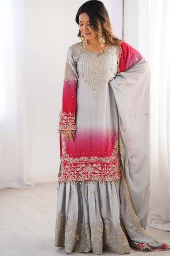 Grey Embroidered Cherry Silk Sharara Suit for Women