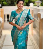 Turquoise Blue Banarasi Floral silk blend Saree