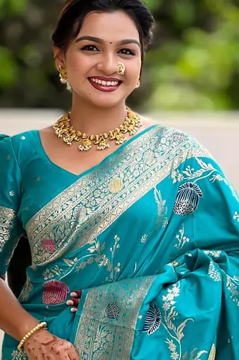 Turquoise Blue Banarasi Floral silk blend Saree