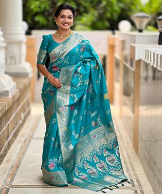 Turquoise Blue Banarasi Floral silk blend Saree 3