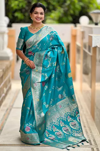 Turquoise Blue Banarasi Floral silk blend Saree