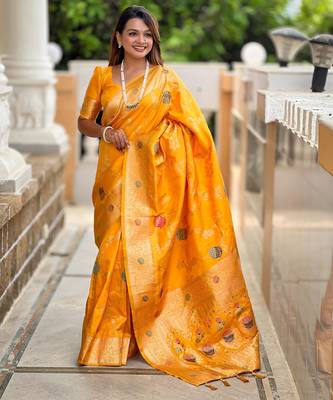 Yellow Banarasi Floral silk blend Saree 3