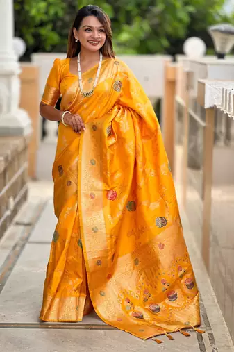 Yellow Banarasi Floral silk blend Saree