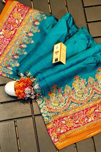 Blue pure karni tussar silk saree with blouse piece