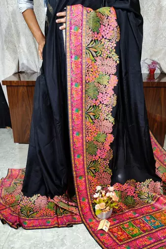 Navy blue pure karni tussar silk saree with blouse piece