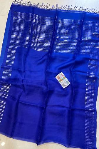 Blue double ply organic muslin saree with blouse piece