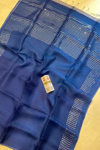 Blue double ply organic muslin saree with blouse piece