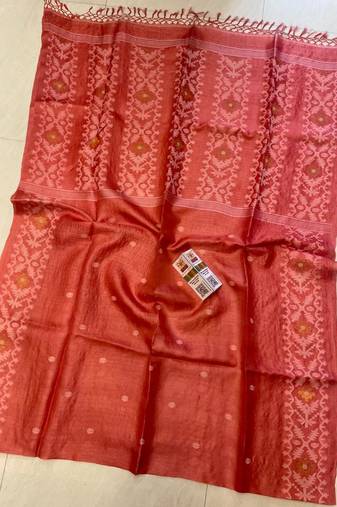 Red pure double ply tussar silk saree with blouse piece