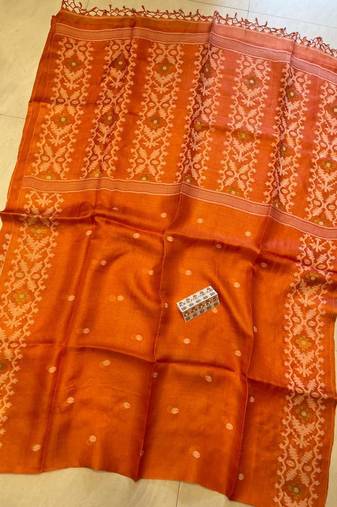 Orange pure double ply tussar silk saree with blouse piece