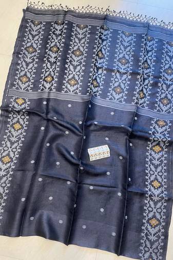 Navy blue pure double ply tussar silk saree with blouse piece