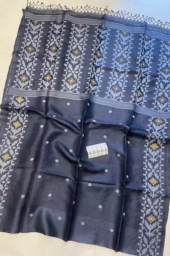 Navy blue pure double ply tussar silk saree with blouse piece
