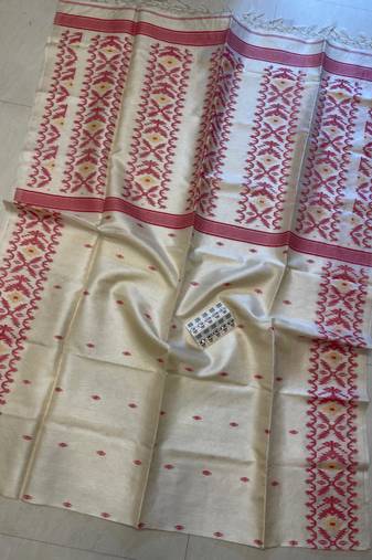 Off white pure double ply tussar silk saree with blouse piece