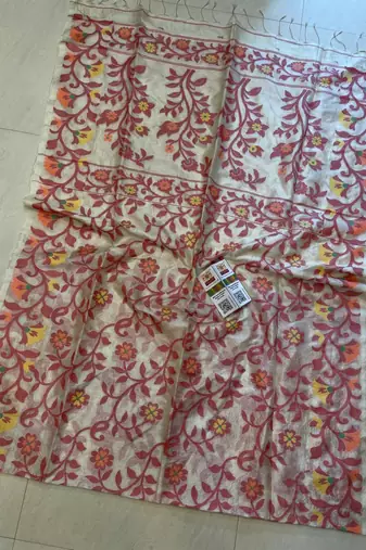 Cream pure double ply tussar silk saree with blouse piece