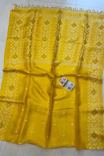 Yellow pure double ply tussar silk saree with blouse piece