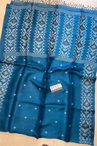 Blue pure double ply tussar silk saree with blouse piece