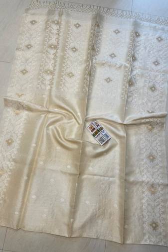 Off white pure double ply tussar silk saree with blouse piece