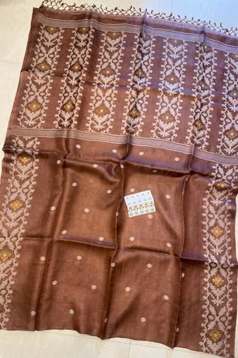 Brown pure double ply tussar silk saree with blouse piece