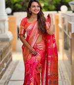 Dark Peach Banarasi Floral silk blend Saree