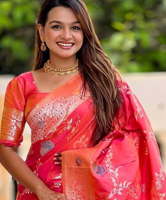 Dark Peach Banarasi Floral silk blend Saree 2
