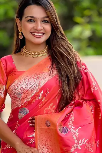 Dark Peach Banarasi Floral silk blend Saree