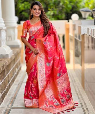 Dark Peach Banarasi Floral silk blend Saree 3